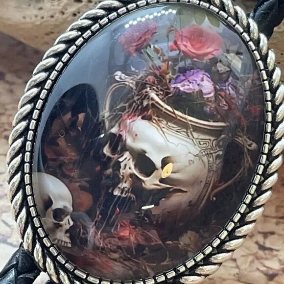 - Gothic Skull Rose Witch Leather Bolo Tie Lariat Necklace Wedding Purple Xmas - Picture 4 of 16